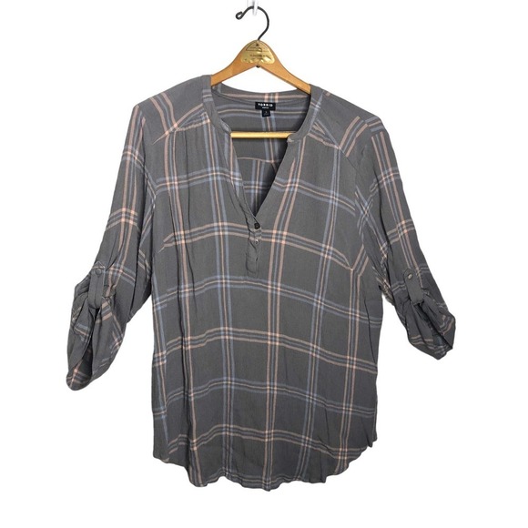 torrid Tops - TORRID grey plaid textured tab collar blouse, 3X